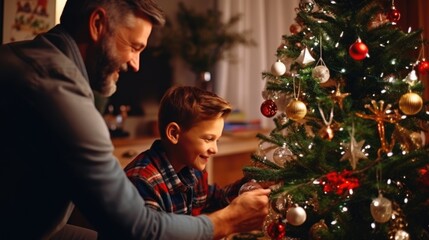 A family spends quality time together, decorating a Christmas tree. - obrazy, fototapety, plakaty