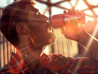leisure and people concept - young man or teenage boy drinking non alcoholic drink from tin can in city