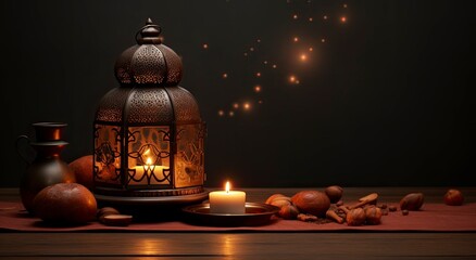 eid ul adha, moon , lantern, banner, background brown, dates bowl, realistic, generative ai