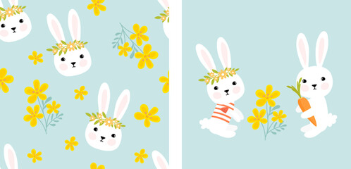 Obraz na płótnie Canvas Seamless pattern with bunny rabbit cartoons and cute camomile vector illustration.