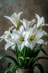 Fototapeta na wymiar Easter White Lily Bouquet: Elegance in Clay Pot Against Wall