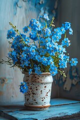 Forget-Me-Nots Blossoming in Clay Pot Against Wall: Capturing Nature's Delicate Beauty