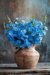 Easter Blue Forget-Me-Nots Bouquet: Blooming Charm in Clay Pot Against Wall