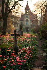 Blooming Spring Plants Enveloping Cross in Old Church Graveyard