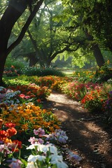 Obraz premium Scenic Winding Path Through Blooming Spring Forest: Nature's Tranquil Journey