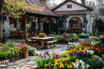 Fototapeta na wymiar German Style House Overlooking Easter Blooms in European Garden