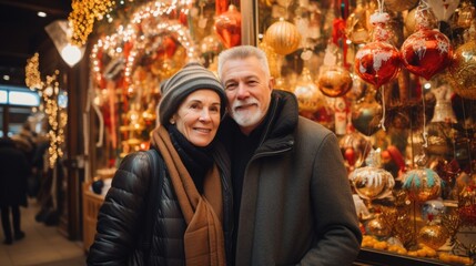An Older Couple Posing for a Photo in Front of a Christmas Tree Shop - obrazy, fototapety, plakaty