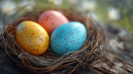Naklejka na ściany i meble Easter eggs in nest on rustic wooden planks.