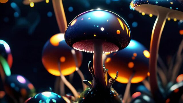 Mesmerizing VJ loop featuring two neon-glowing mushrooms on a dark background, surrounded by vibrant geometric shapes. The video showcases a seamless morphing effect