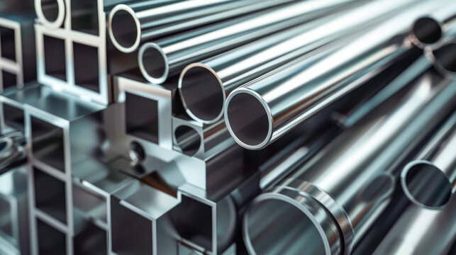 Close-up of metal profiles and tubes in a storehouse. Different stainless steel products.