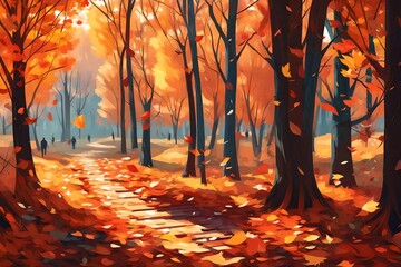 painting style illustration banner wallpaper, Autumn forest with colorful leaves, piano play music in park Generative Ai - obrazy, fototapety, plakaty