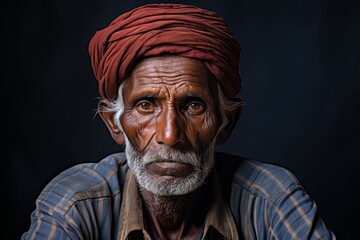 Photo of an elderly Dalit man, also in his 80s, his posture dignified despite the years of labor and struggle evident in his hands and face. Dressed in simple traditional clothing, his gaze reflects a - obrazy, fototapety, plakaty