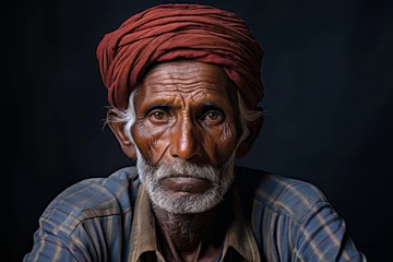 Foto op Aluminium Photo of an elderly Dalit man, also in his 80s, his posture dignified despite the years of labor and struggle evident in his hands and face. Dressed in simple traditional clothing, his gaze reflects a © Hanna Haradzetska