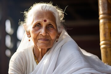 An elderly Brahmin woman gracefully adorned in a white sari and sporting silver hair, her face radiating wisdom and serenity, embodying the dignity of Brahmin women in their later years