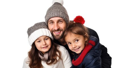 A family of three smiling in winter hats
