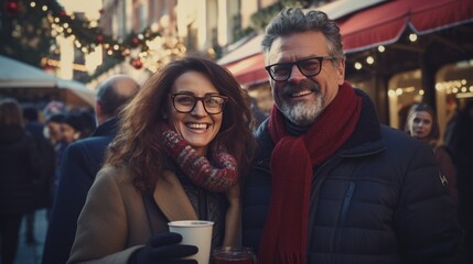 Obraz premium A happy couple poses together during the winter season