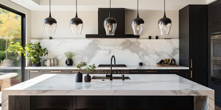 A modern kitchen with white cabinets, hanging light fixtures over a black island, and a marble countertop and backsplash.
