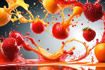 Red and yellow fruit juices liquid swirls and heart splashes. Fruits juice splashing together - orange, mango, strawberry, cherry, raspberry, pomegranate juice in two waves form.