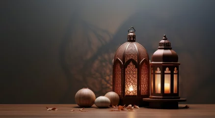 Foto op Canvas eid ul adha, moon , lantern, banner, background brown, dates bowl, realistic, generative ai © Fathor