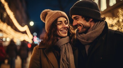 Fototapeta premium A happy couple wearing hats and coats, smiling and enjoying the cold weather