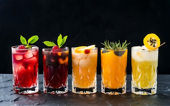 Different cocktails or longdrinks garnished with fruits