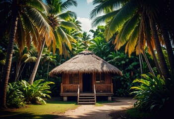 A small hut nestled on a tropical island surrounded by swaying palm trees, offering a tranquil retreat in paradise by ai generated