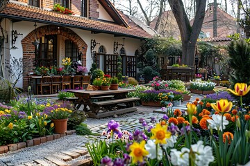 Easter Amidst Blooming European Garden with House in Background