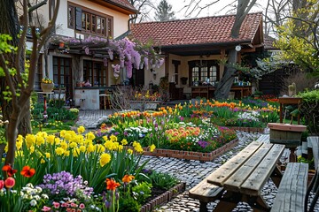 Easter Amidst Blooming European Garden with House in Background