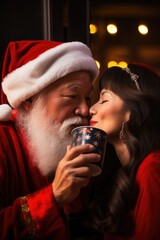 A joyful Christmas scene with a man dressed as Santa Claus and a woman in red, Fictional Character Created By Generated AI.