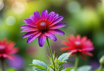 Obraz premium A vibrant purple and red flower blooms in the garden against a blurred bokeh background