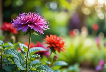 Fototapeta premium A vibrant purple and red flower blooms in the garden against a blurred bokeh background