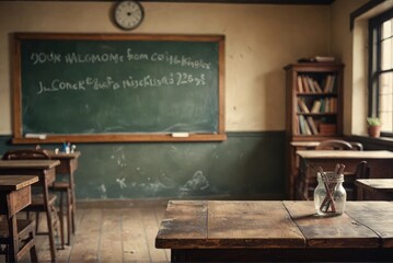 A vintage classroom with a wooden blackboard and desks, evoking nostalgia and timeless academic charm by ai generated