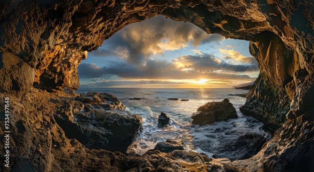 Wall mural a beautiful view from a natural cave in Iceland where you can see the ocean and a beach with mountains and rocks during sunset in the evening with little white and black clouds covering the sky