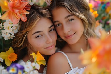 Mother and Daughter Amidst Spring Blossoms in Heartwarming Portrait