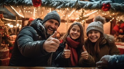 Fototapeta premium A happy family giving thumbs up together, Fictional Character Created By Generated AI.
