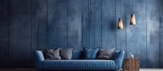 Textured indigo coating with vertical uneven stripe pattern Colored background with blend of natural materials and dyes Modern wallpaper and plaster for interior design