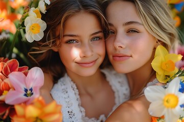 Mother and Daughter Amidst Spring Blossoms in Heartwarming Portrait