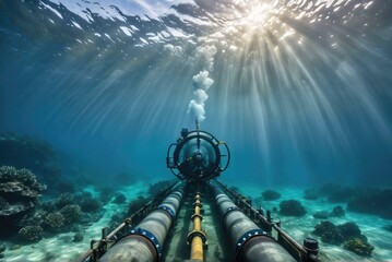 an underwater view of a pipeline, transporting oil and gas along the seabed by ai generated - obrazy, fototapety, plakaty