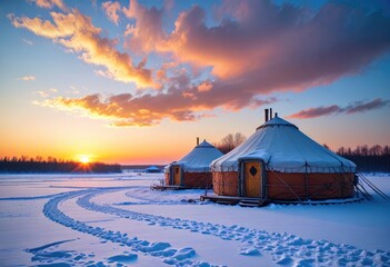 Fototapeta na wymiar At sunset in winter, a yurt camp stands on a frozen lake, creating a picturesque scene by ai generated