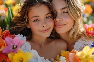 Joyful Mother and Daughter Embraced by Blooming Spring Flowers in Heartwarming Portrait