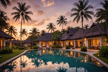 Fototapeta na wymiar At sunset, luxurious resort villas line a tranquil pool, reflecting the vibrant sky amidst lush tropical greenery by ai generated