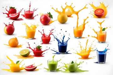 collection of fruit juice colorful splashes isolated on white background.