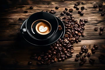 Foto auf Acrylglas hot coffee, tea or chocolate in black cup on wooden plank © Eun Woo Ai