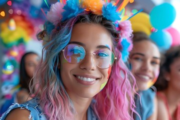 Portrait of a Beautiful Smiling Girl with Vibrantly Colored Hair, Accentuated by Stylish Glasses
