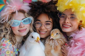 Radiant Trio: Three Girls with Colorful Hair and Round Glasses Tenderly Holding Chicks in Their Hands