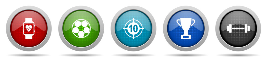 Sport icons, miscellaneous buttons such as smartwatch, football, darts, cup and fitness, circle glossy web icon collection
