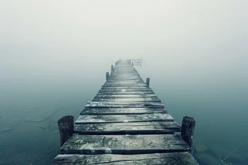 Zelfklevend Fotobehang A worn wooden jetty extending into a misty lake © AI Farm