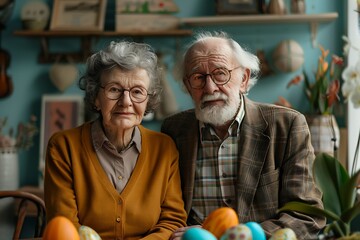 Portrait of Joyful Elderly Couple, Both Wearing Glasses, Celebrating Easter with Office Decorations