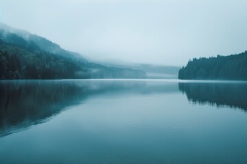The smooth reflective surface of a calm lake at dawn