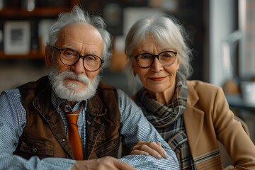 Portrait of Joyful Elderly Couple, Both Wearing Glasses, Celebrating Easter with Office Decorations